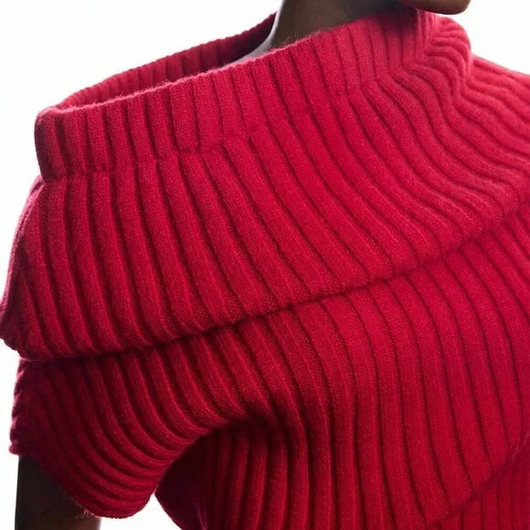 Red Elegant Women's Asymmetric One-Shoulder Knit Cowl Neck Dress - Picture 7 of 7